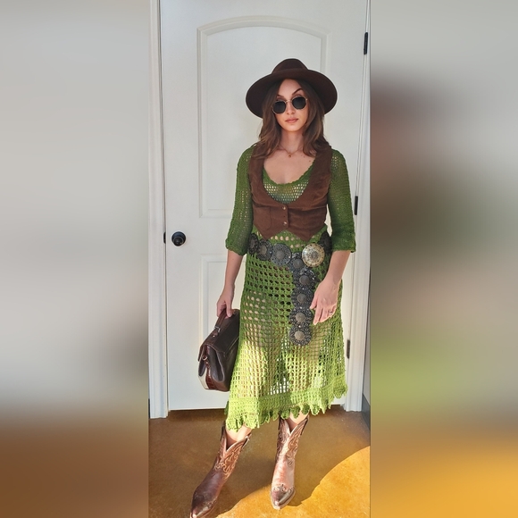 Green crochet midi western dress flare dress fall Fashion cowgirl medium crochet - Picture 2 of 7